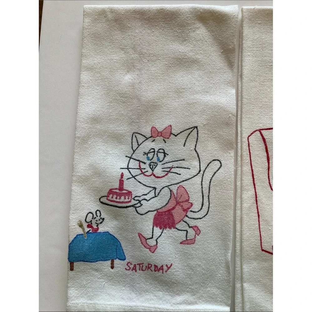 Vintage Kitty‎ Days of the Week Printed Tea Towels Set of 3 White Cotton 16x25